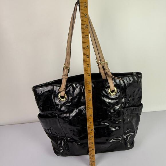 Michael Kors Jet Set Shoulder Tote Bag Black Patent Leather Logo Pattern AV-1302 - Picture 7 of 16